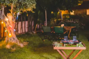 cozy inviting summer garden backyard lighting plants seating